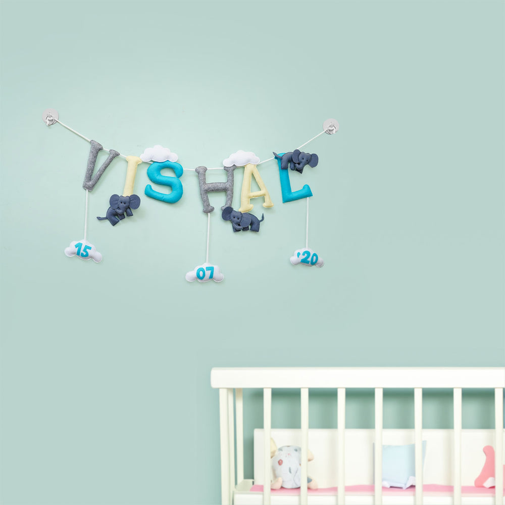 Handmade Personalized Felt Elephant Cloud Themed Kids Bunting 42 - Name Personalization Hanging Display