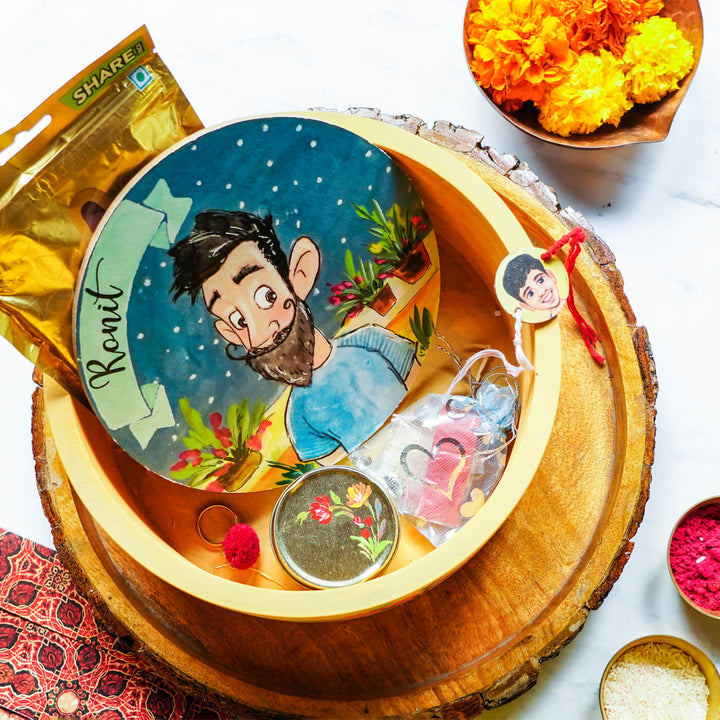 Personalized Rakhi Hamper With Caricature Nameplate - Top View with Contents