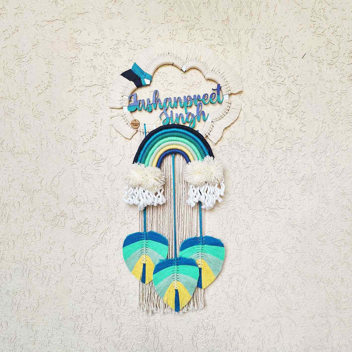 Macrame Cloud Personalized Kids Name Plate - Hanging on Textured Wall Front View