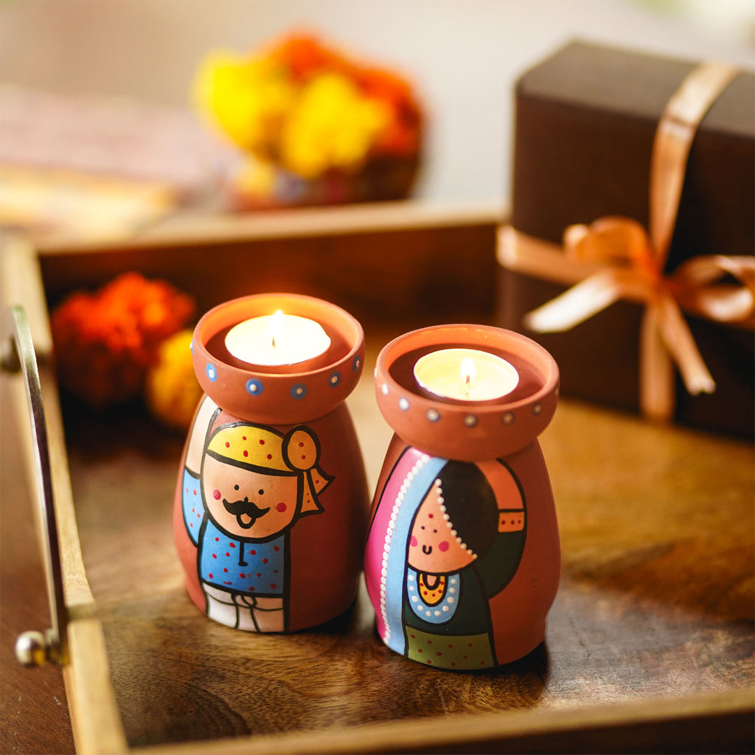 Handpainted Clay Tealight Holders with Rajasthani Couple | Set of 2