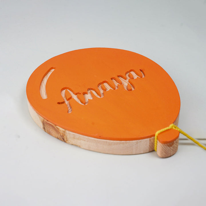 Handpainted Balloon Wooden Kids Nameplate 1 - Top Angle Showing Name Personalization