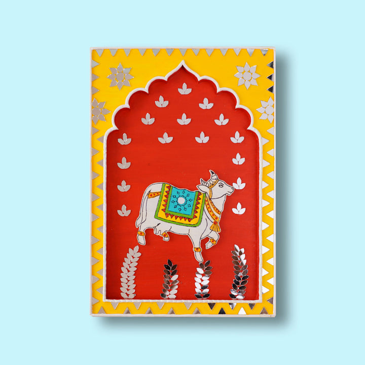 Handcrafted Red & Yellow Frame - Cow Traditional Lippan Art Jharokha Wall Art