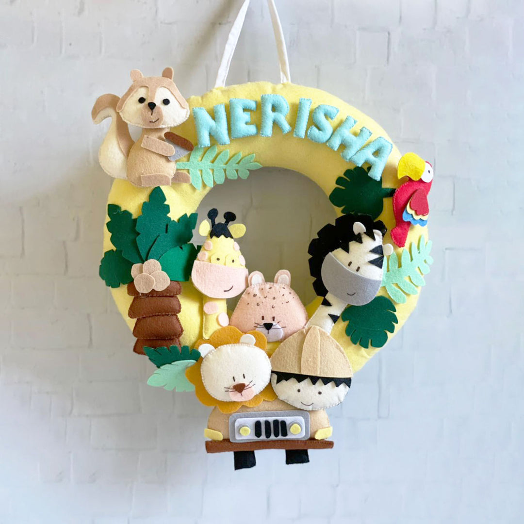 Personalized Felt Jungle Theme Kids Name Plate 3 - Front View Hanging with Name Personalization