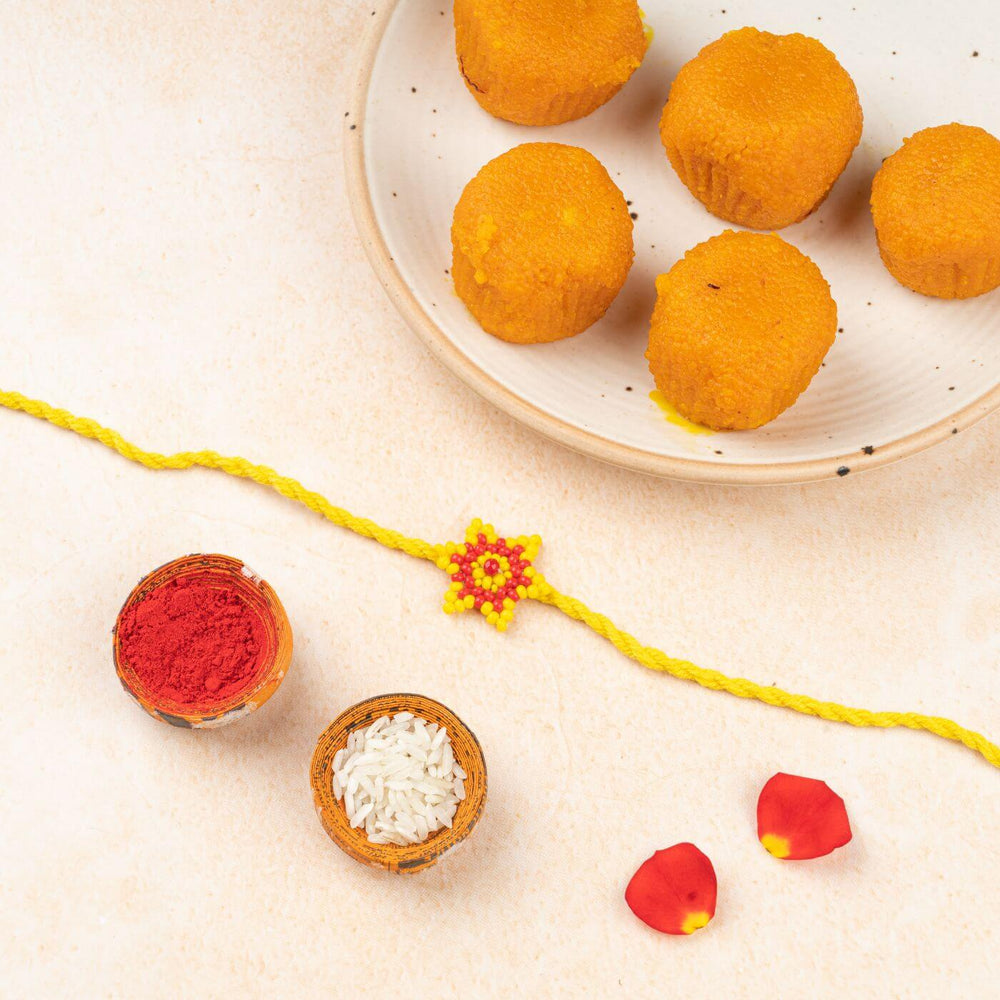 Handcrafted Glass Beads Phool Rakhi 2 - Styled with Festival Items