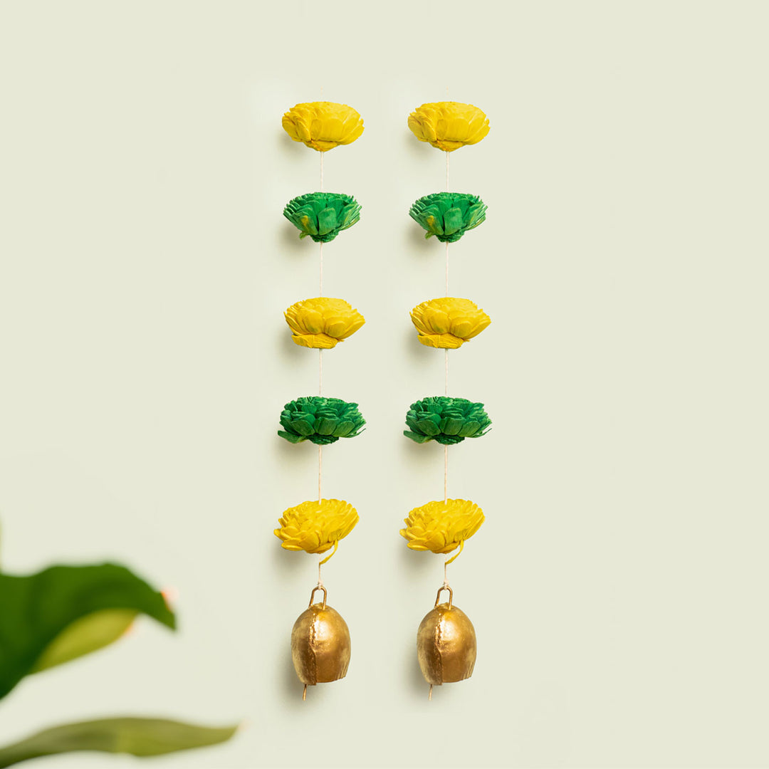 2 Pc | Shola Wood Marigold Flower Festive Bell Hangings