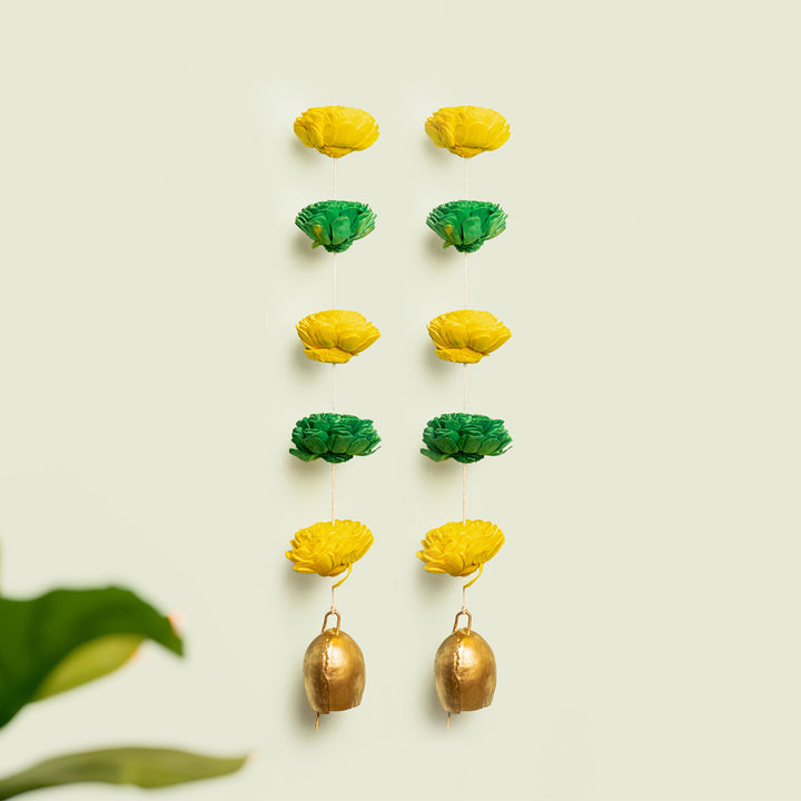 2 Pc | Shola Wood Marigold Flower Festive Bell Hangings