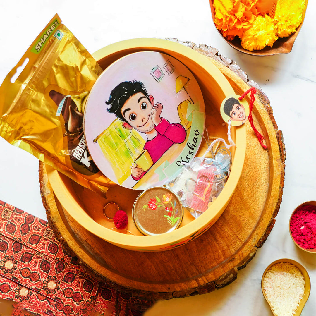 Personalized Rakhi Hamper With Caricature Nameplate 2 - Contents inside wooden box