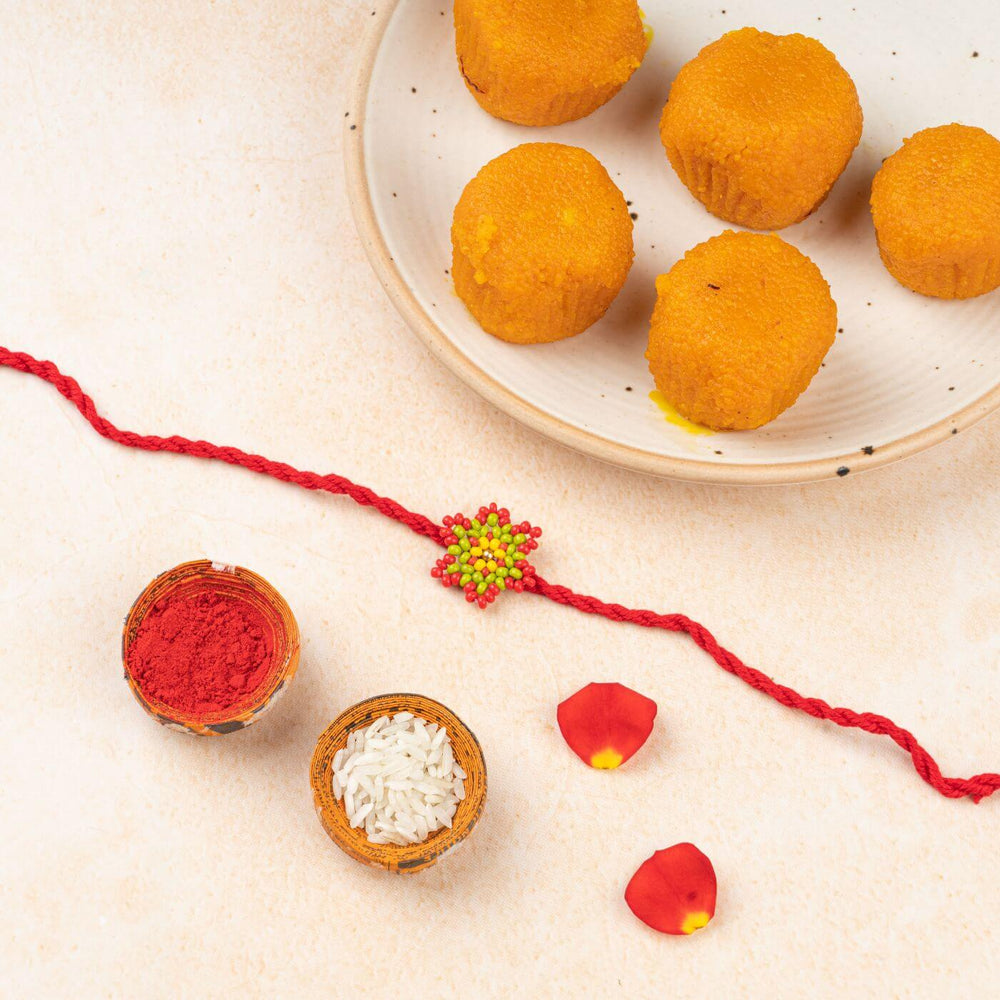 Handcrafted Glass Beads Phool Rakhi 3 - Rakhi with traditional items