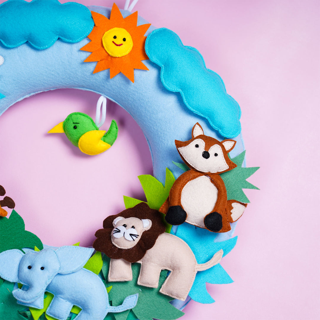 Handmade Personalized Felt Jungle Themed Kids Sibling Name Plate 12 - Close-up of Animal Decorations