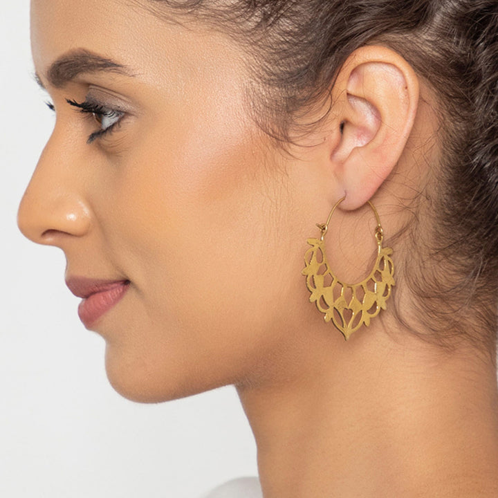 Handmade Brass Modern Hoop Earrings - Floral Drop Pattern