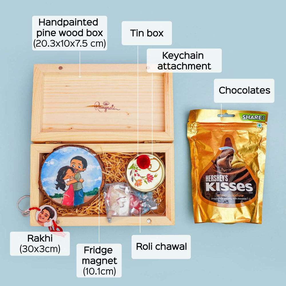 Hand Painted Rakhi Hamper With Fridge Magnet - Labeled Contents in Open Box