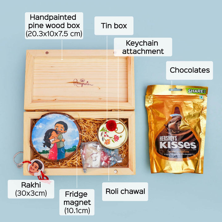 Hand Painted Rakhi Hamper With Fridge Magnet - Labeled Contents in Open Box