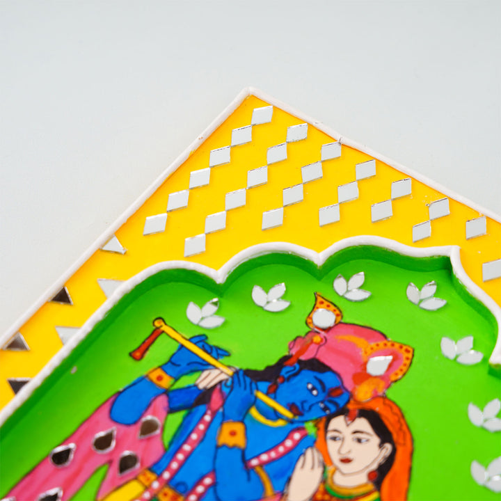 Handcrafted Yellow & Green Frame - Radha-Krishna Traditional Lippan Art Jharokha Wall Art