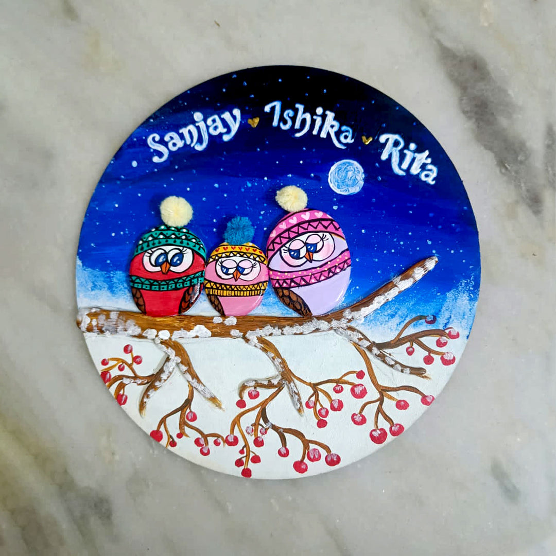 Hand Painted Pebble Art Owl Family Name Plate 2 - Name Personalization Example