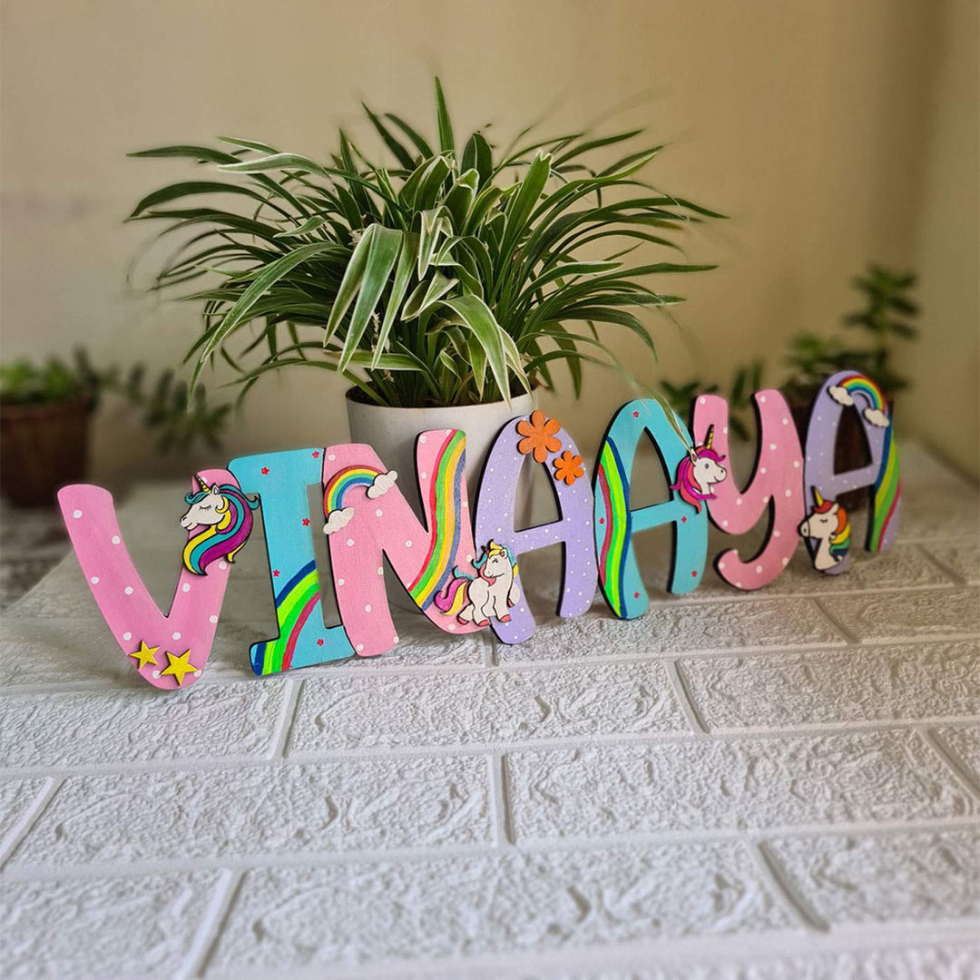 Handcrafted Personalized Unicorn Themed Name Plate For Kids - Front View with Name Display