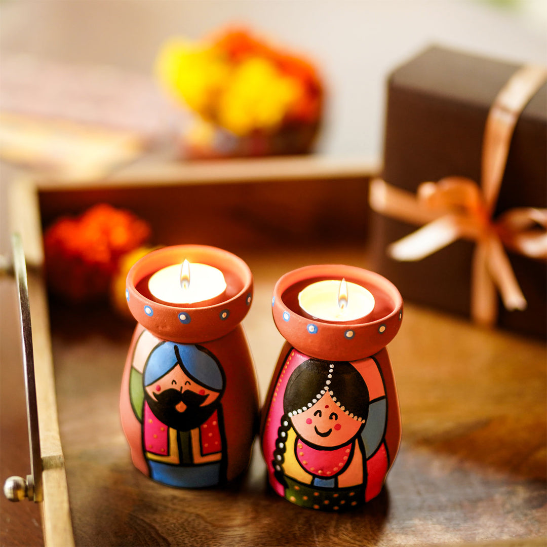 Handpainted Clay Tealight Holders with Punjabi Couple | Set of 2