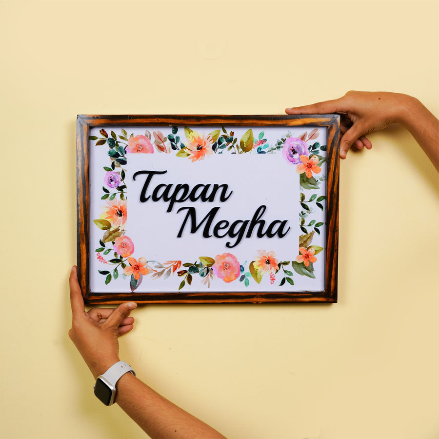 Personalized Floral Printed Name Plate With 3D Letters 2 - Held Front View Showing Personalization