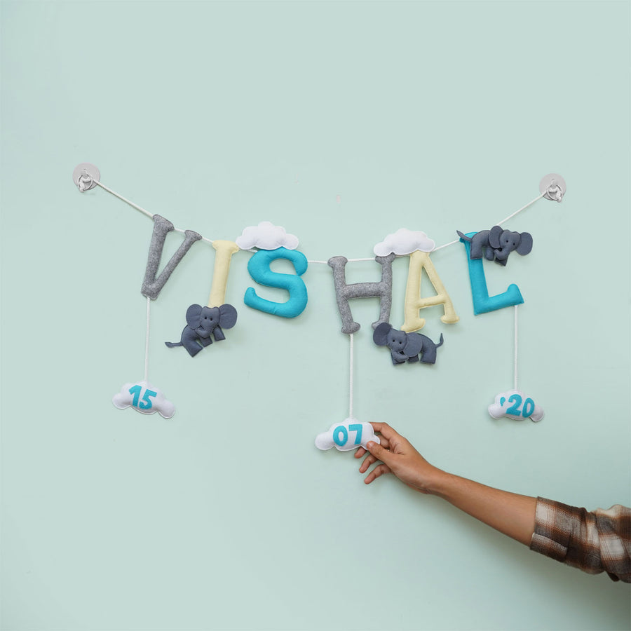 Handmade Personalized Felt Elephant Cloud Themed Kids Bunting 42 - Hanging Name Garland with Date Tags