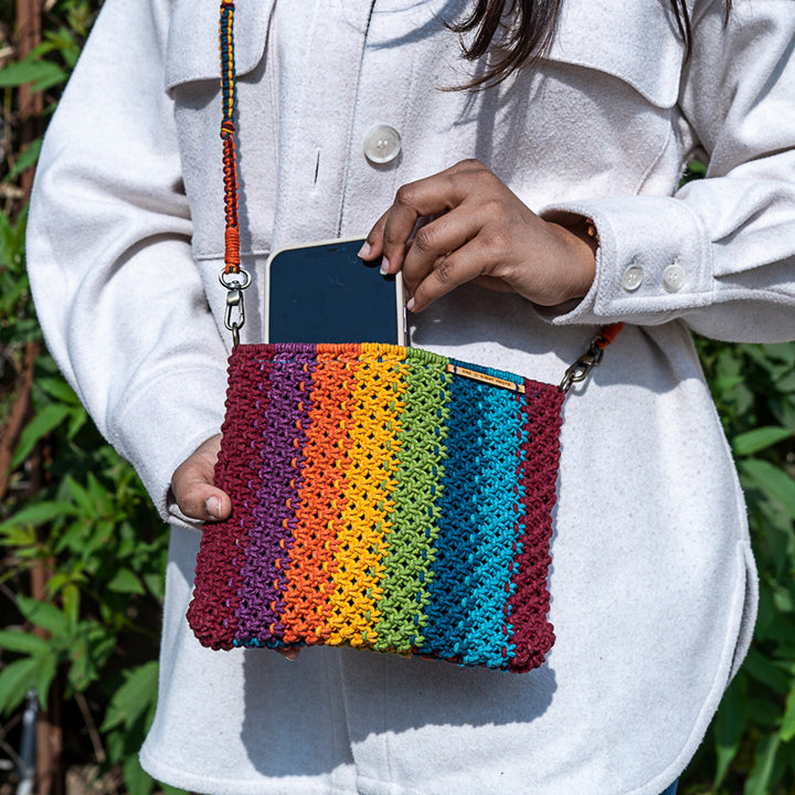 Hand-Knotted Macrame Multicolor Gardenia Striped Sling Bag