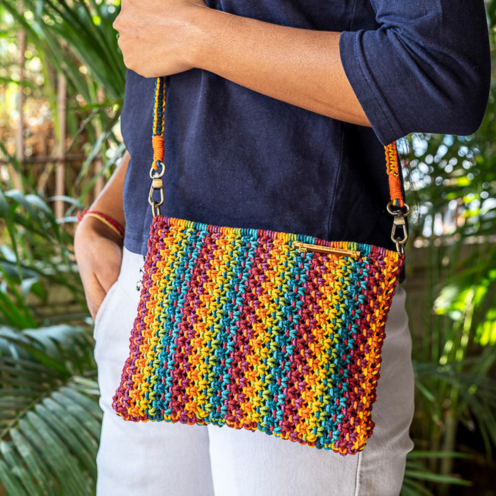 Hand-Knotted Macrame Multicolor Gardenia Blended Sling Bag
