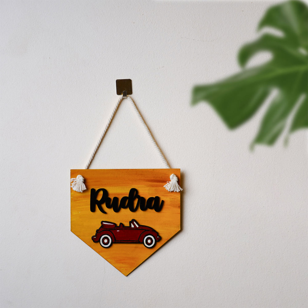 Car Name Plate With String For Kids - Hanging from hook on wall