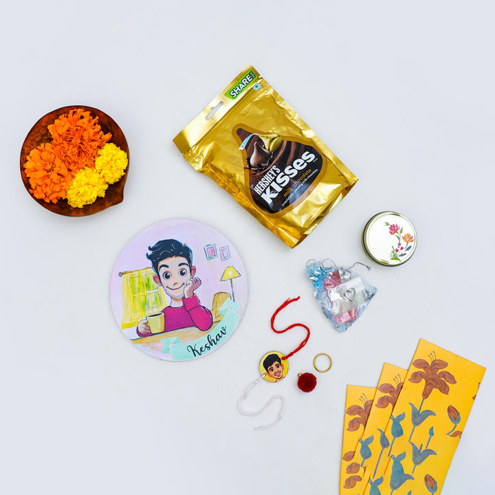 Personalized Rakhi Hamper With Caricature Nameplate 2 - Flat lay of all items