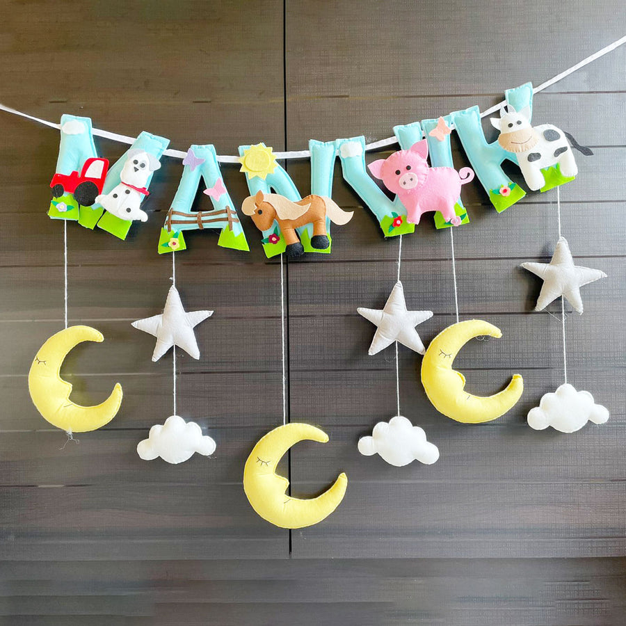 Personalized Felt Kids Farm Animal Themed Bunting With Hangings - Hanging Nursery Name Garland Display