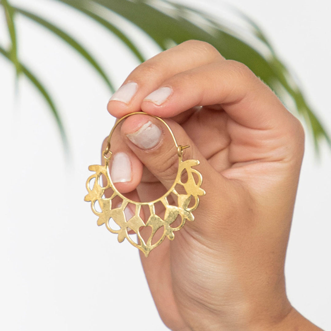 Handmade Brass Modern Hoop Earrings - Floral Drop Pattern