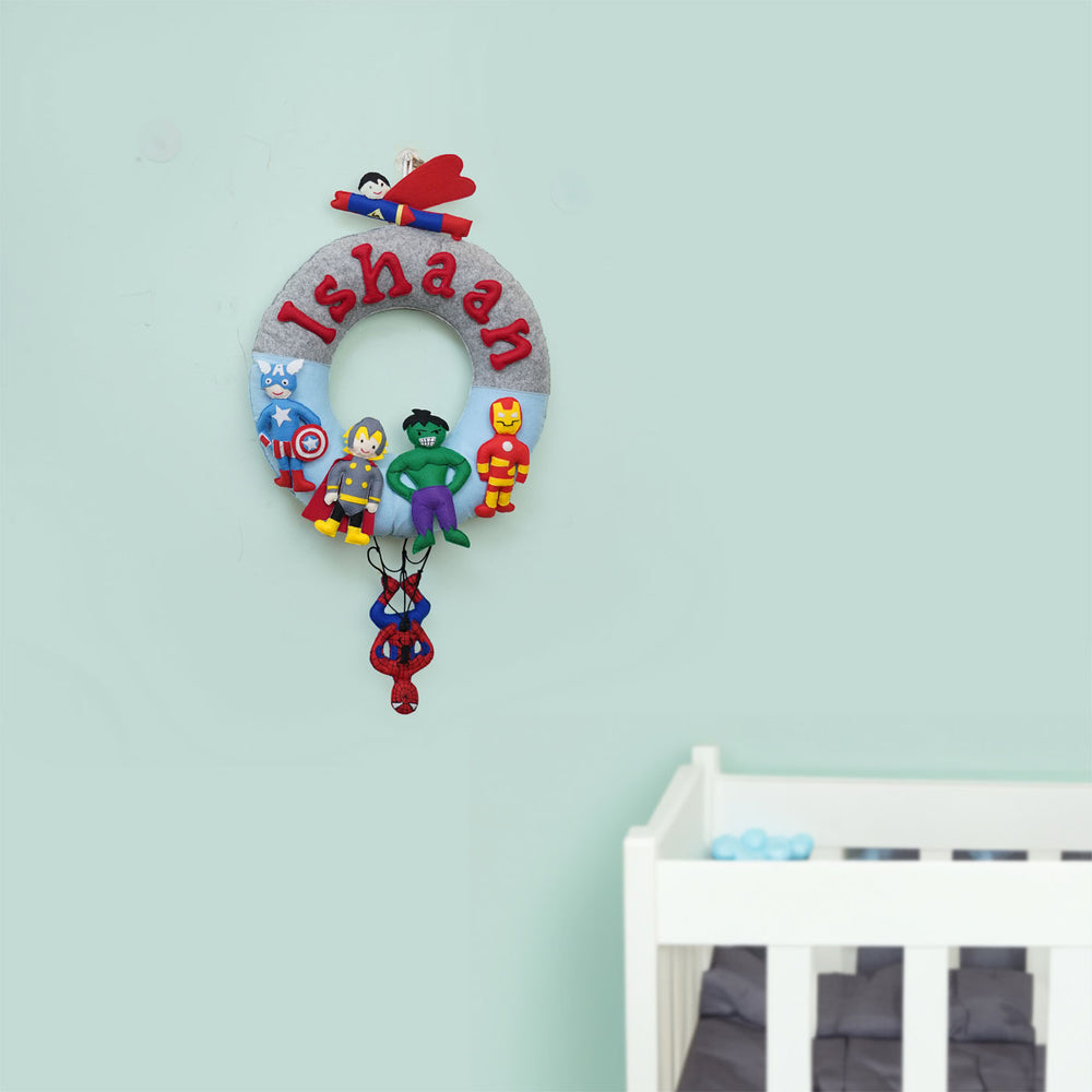 Handmade Personalized Felt Superhero Themed Kids Name Plate 22 - Hanging on Wall Above Crib