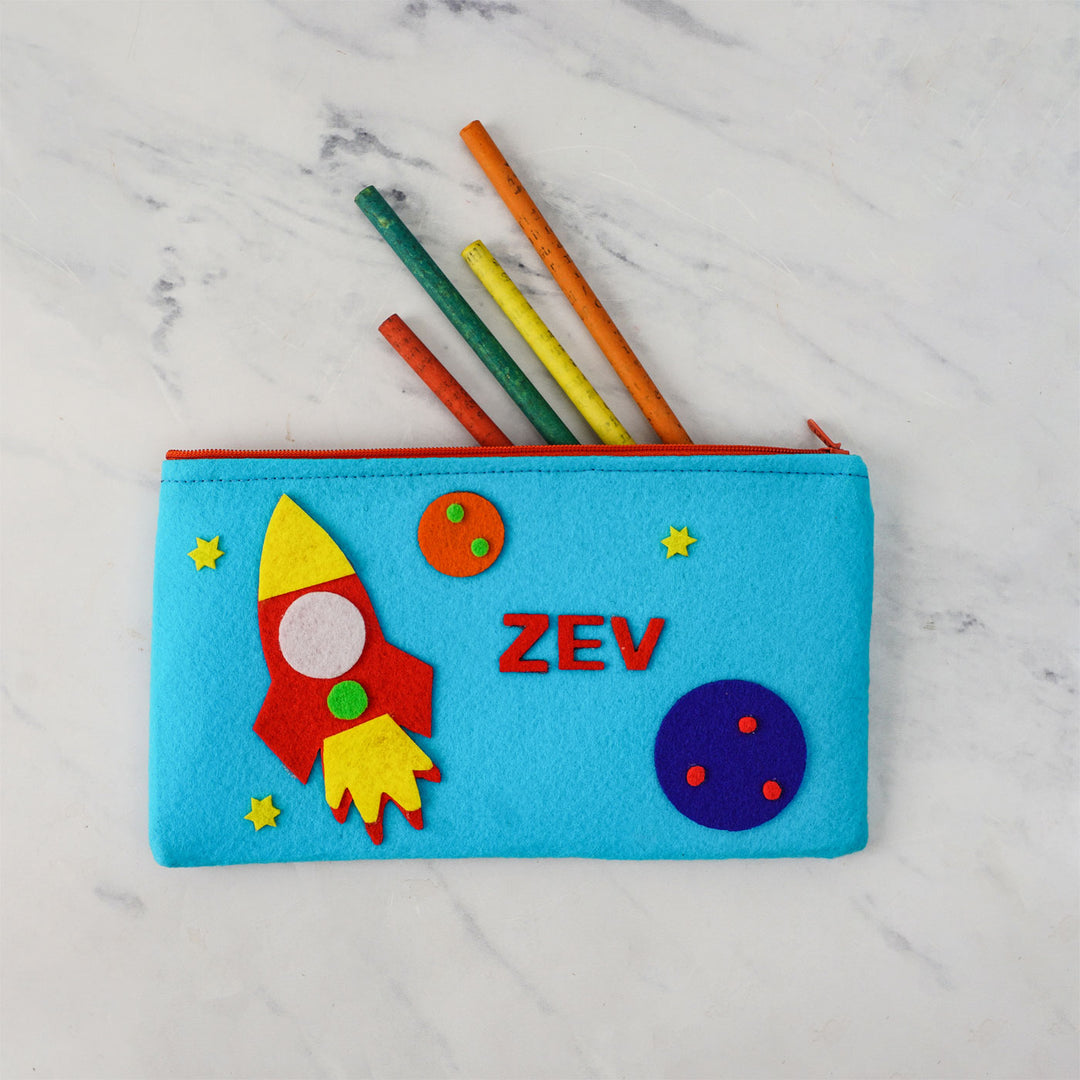 Personalized Kids Felt Stationery Pouch I Rocket Theme