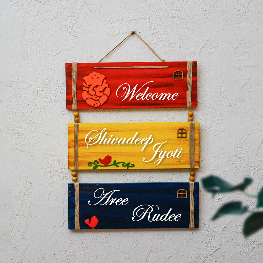 Hand Painted Personalized Ganesha Name Plate With 3 Planks - Hanging Wall Sign Showing Personalization