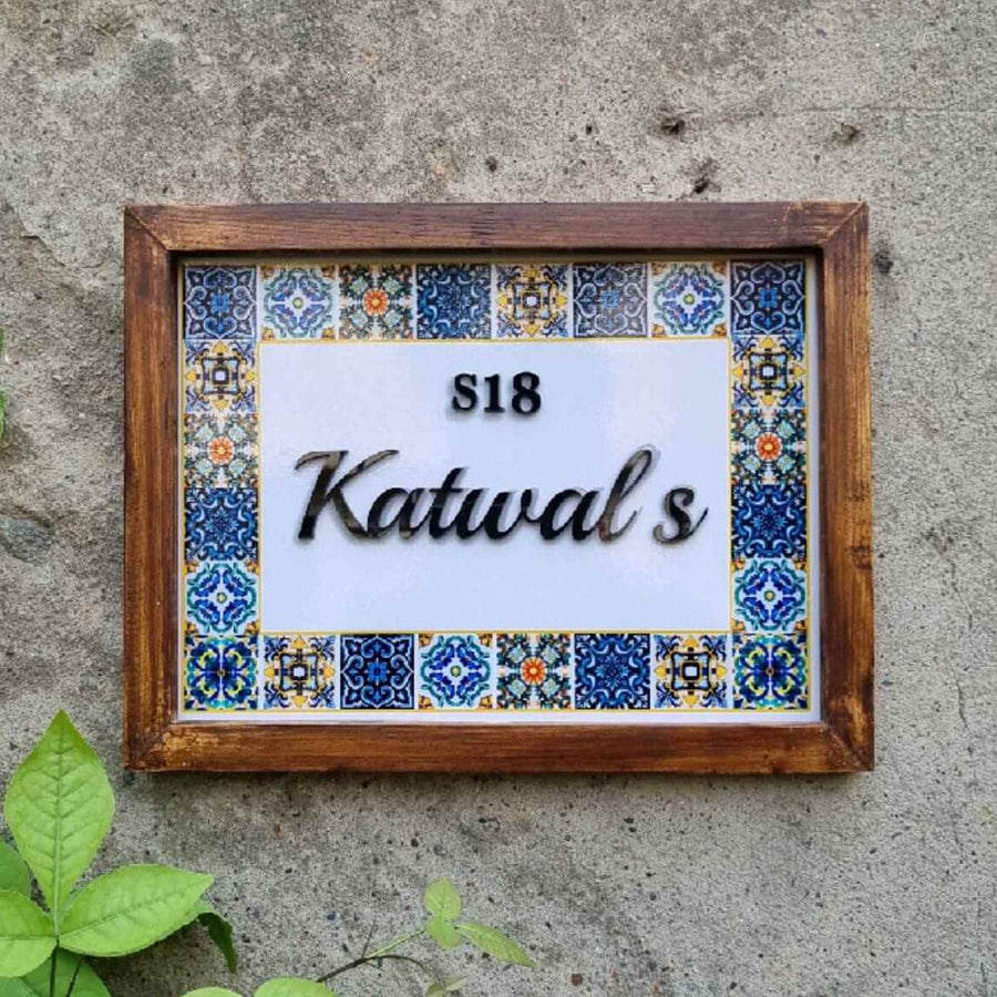 Personalized Moroccan Tile Printed Name Plate With 3D Letters - Mounted on Concrete Wall Close-up