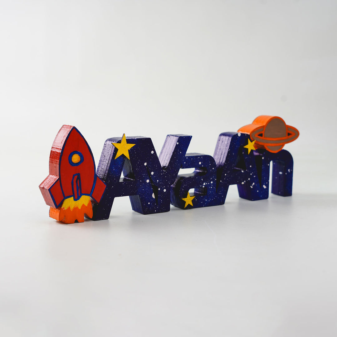 Space Themed Kids Tabletop Freestanding Name Plate - Angled View Showing 3D Letters