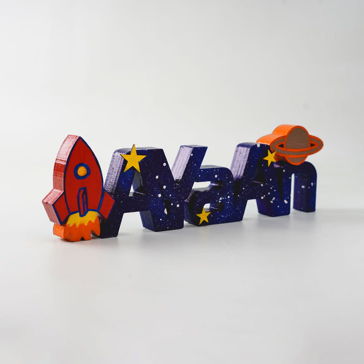 Space Themed Kids Tabletop Freestanding Name Plate - Angled View Showing 3D Letters