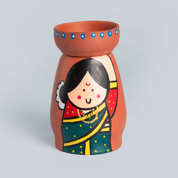 Handpainted Clay Tealight Holders with Marathi Couple | Set of 2