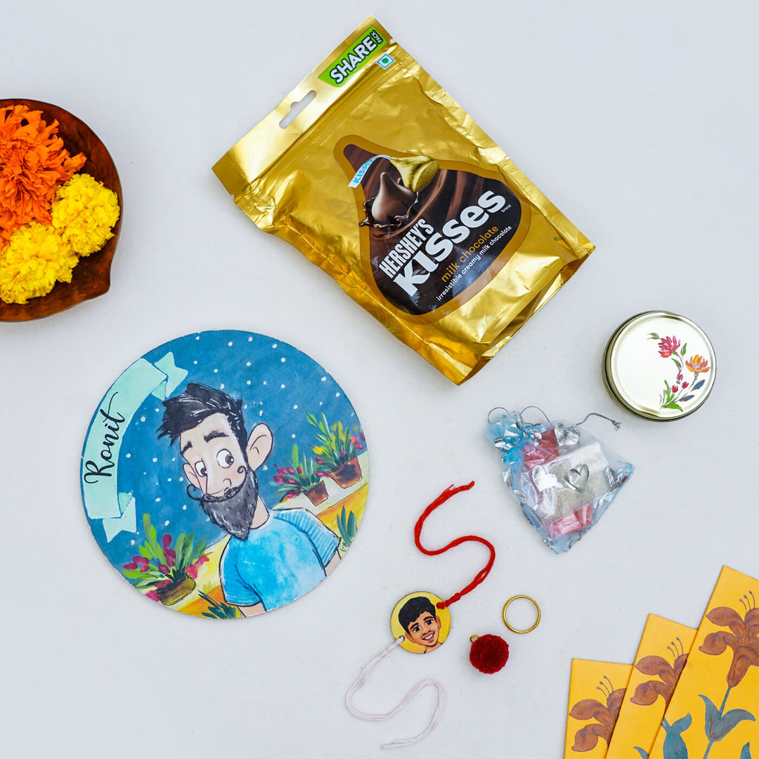 Personalized Rakhi Hamper With Caricature Nameplate - Flat Lay of All Components