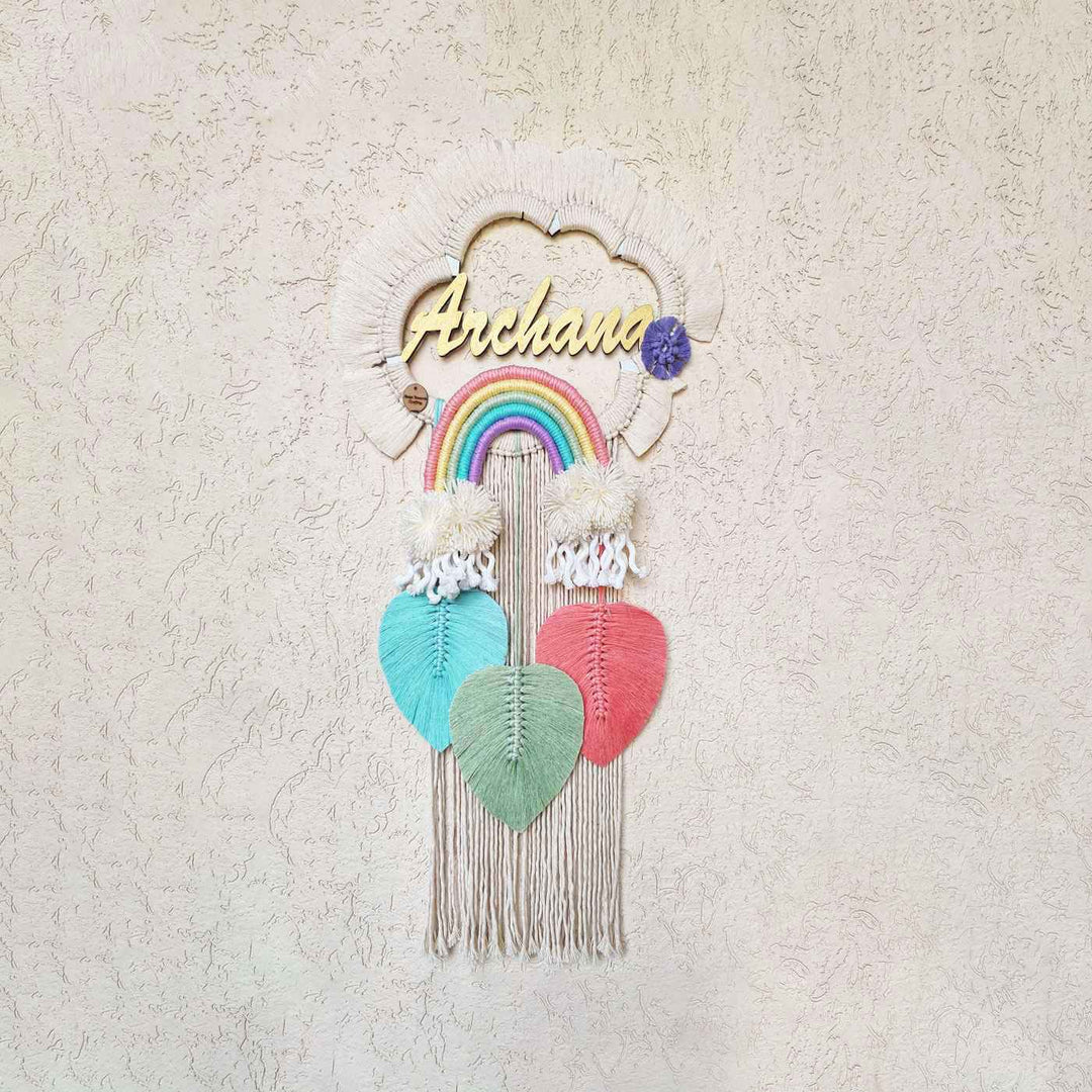 Macrame Cloud Personalized Kids Name Plate - Front View Hanging on Wall