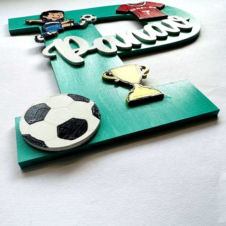 Handcrafted Personalized Kids Football Themed Monogram Mdf Nameplate 6 - Angled Close-up Showing Depth