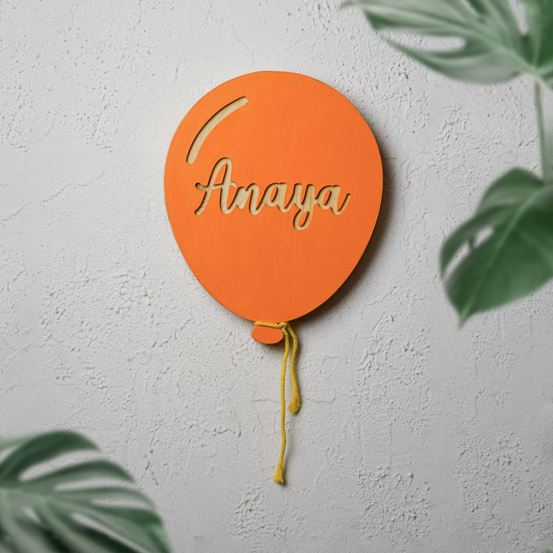Handpainted Balloon Wooden Kids Name Plate - Front View Hanging on Wall