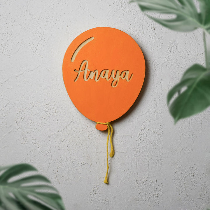 Handpainted Balloon Wooden Kids Name Plate - Front View Hanging on Wall