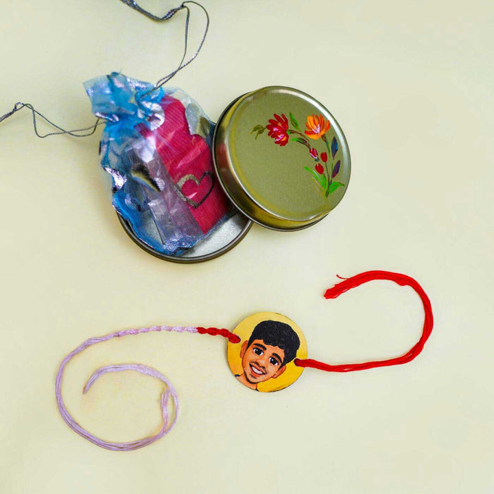 Handpainted Personalized Caricature Rakhi With Roli Chawal - Rakhi in packaging with accessories