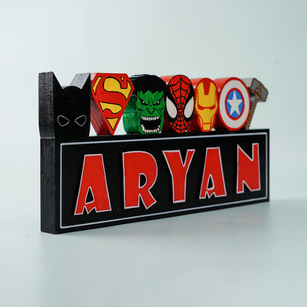 Handcrafted Personalized Superhero Theme 3D Name Block For Kids - Front Angle Showing Name Personalization