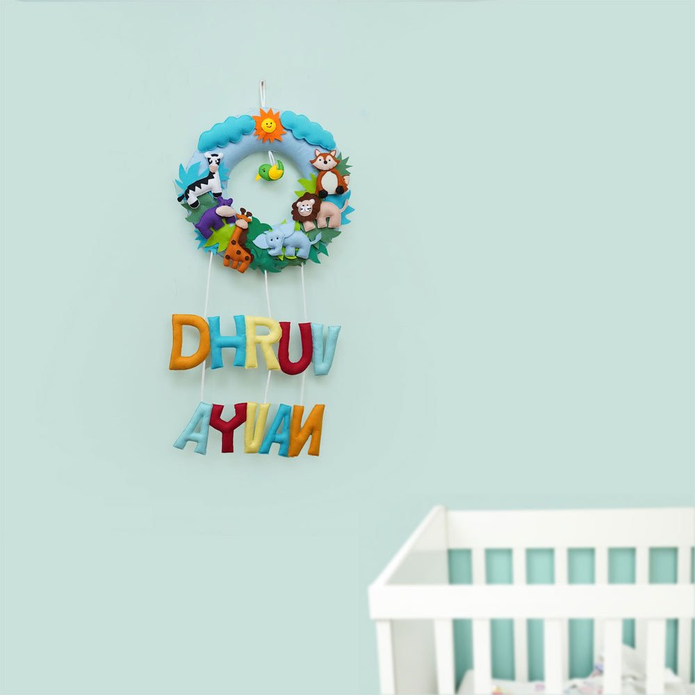 Handmade Personalized Felt Jungle Themed Kids Sibling Name Plate 12 - Hanging on Wall Above Crib