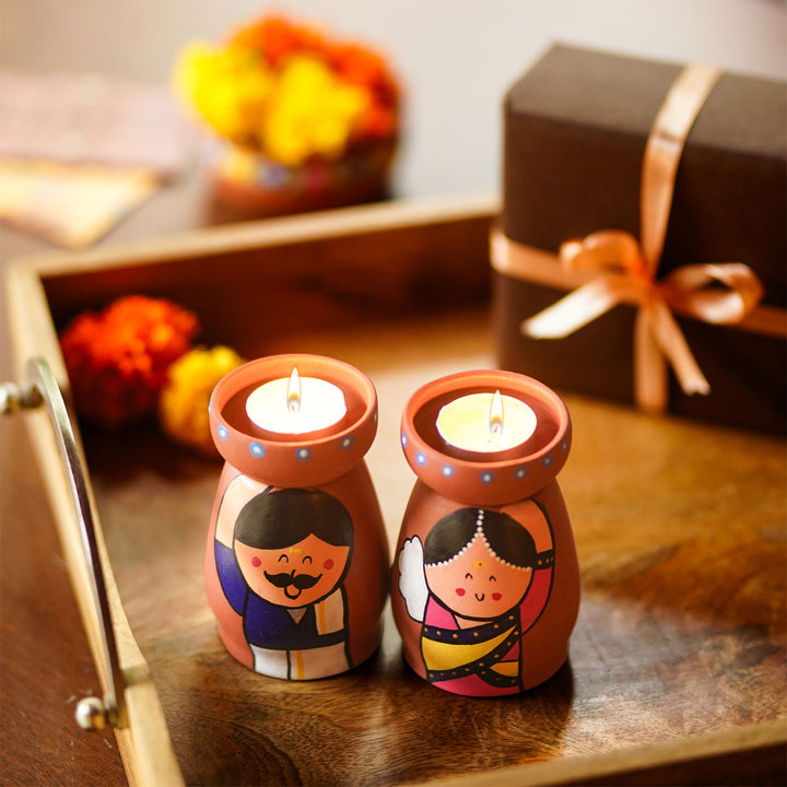 Handpainted Clay Tealight Holders with South Indian Couple | Set of 2