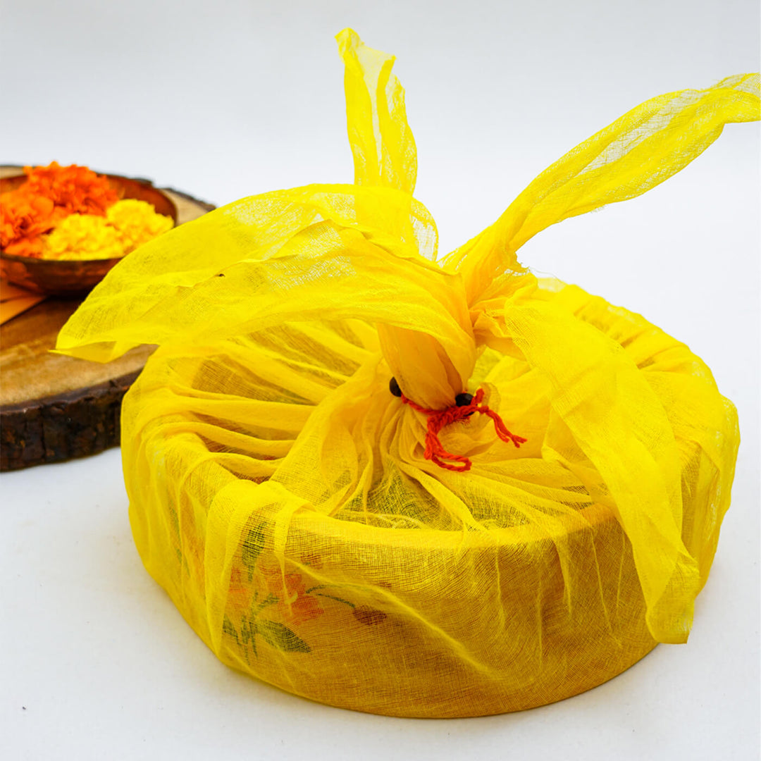 Personalized Rakhi Hamper With Caricature Nameplate - Packaged with Yellow Cloth Wrap
