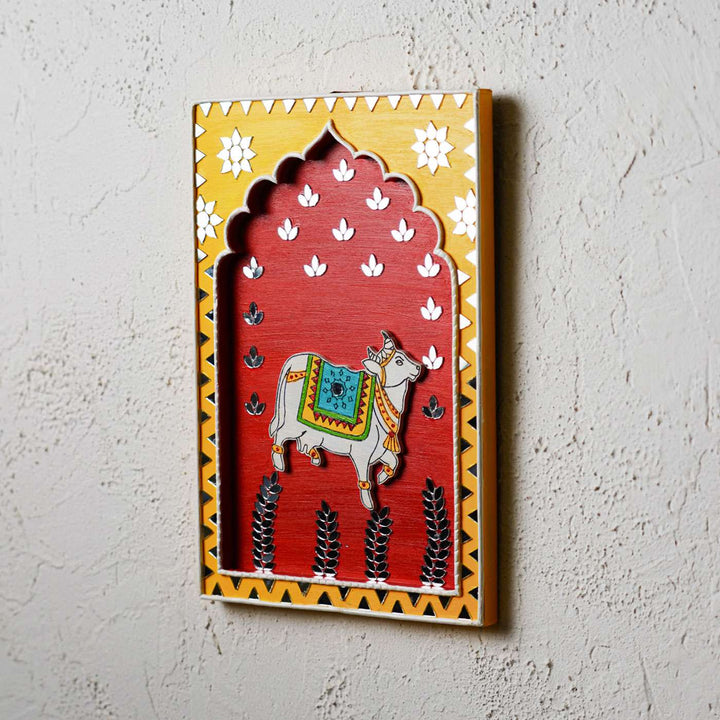 Handcrafted Red & Yellow Frame - Cow Traditional Lippan Art Jharokha Wall Art