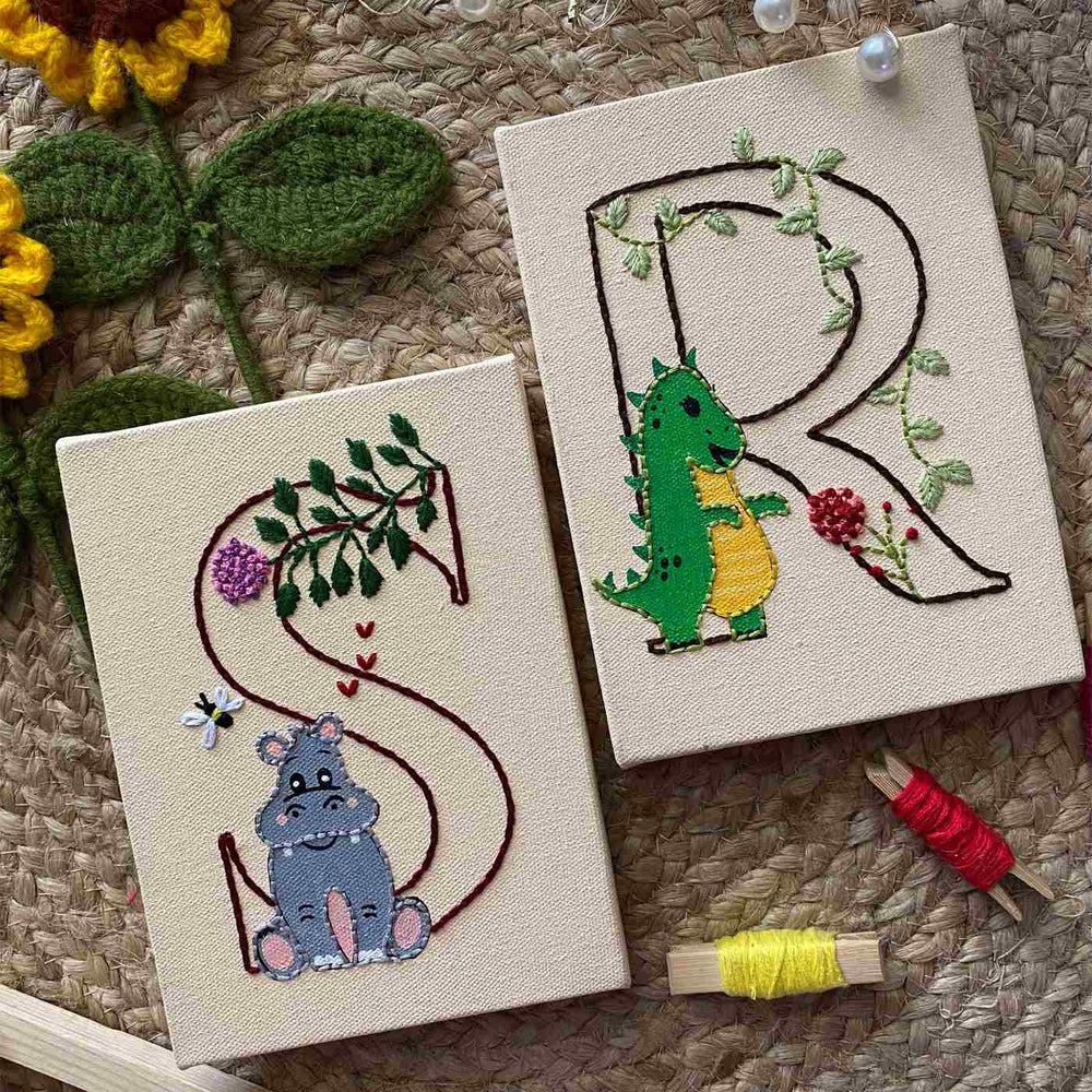Hand Embroidered Canvas Initial Monogram Name Plate For Kids - Front View with Embroidered Letters