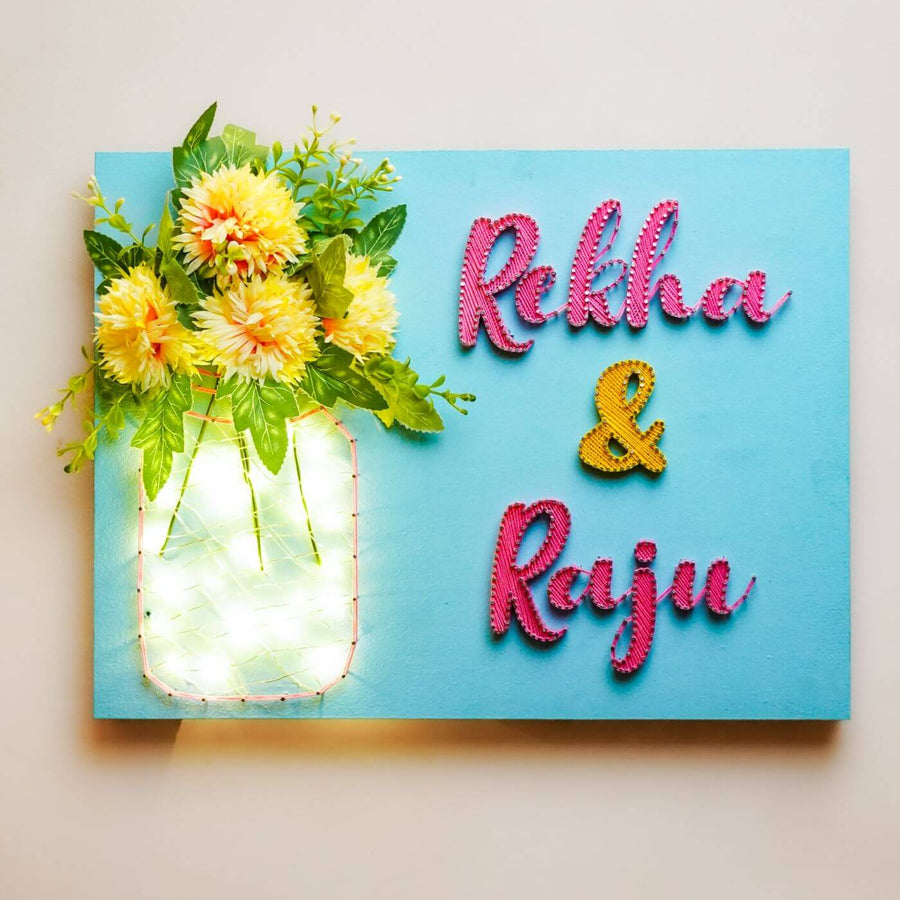 String Art Mason Jar Personalized Name Plate With Lights - Front View with Name Personalization