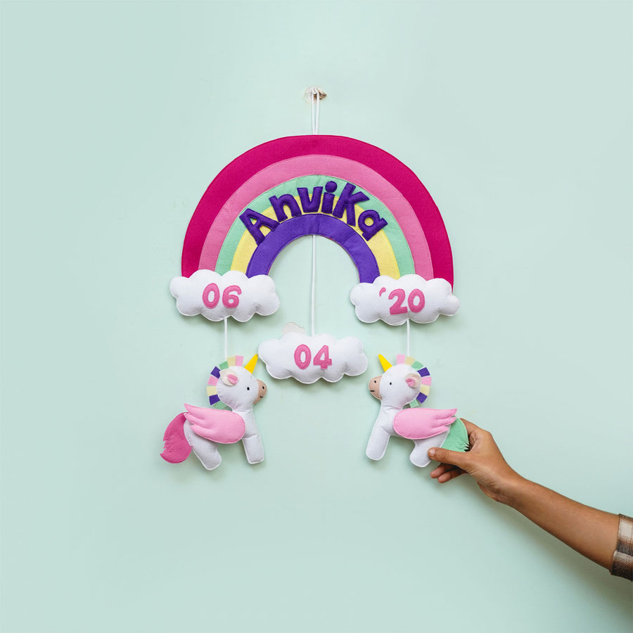 Handmade Personalized Felt Unicorn Themed Kids Name Plate 32 - Hanging View with Hand Interaction