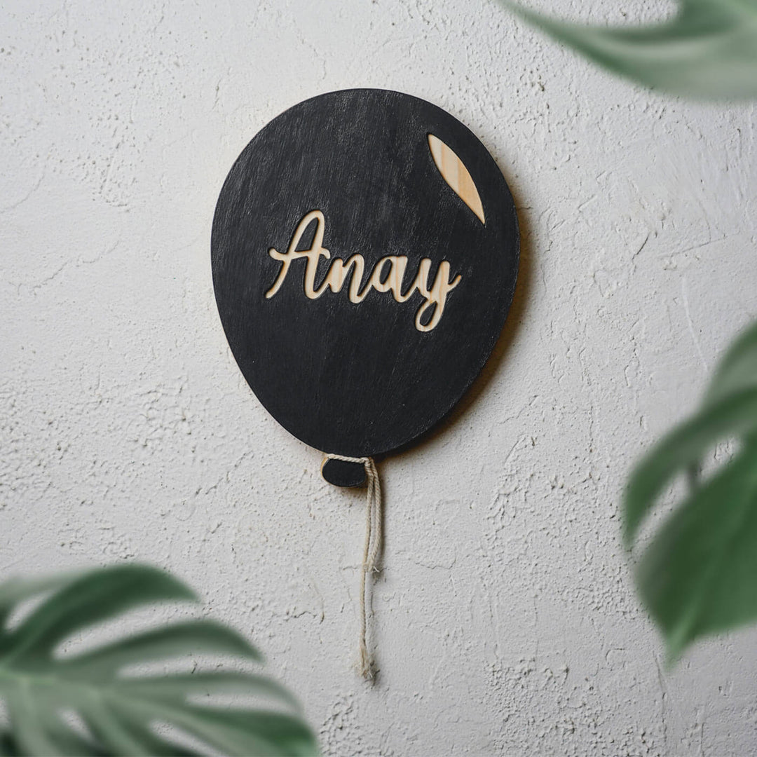 Handpainted Balloon Wooden Kids Name Plate 2 - Front View Hanging on Wall